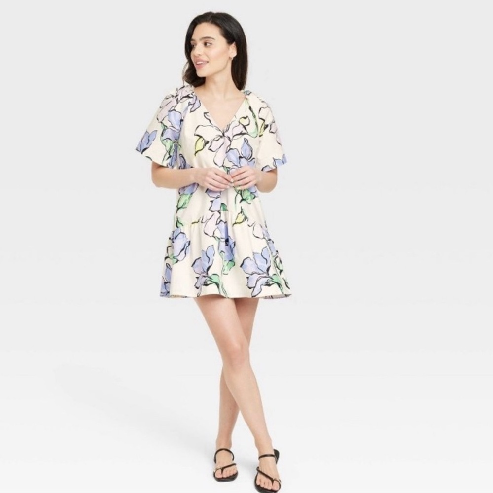 Women's Flutter Short Sleeve Mini Poplin Dress - A New Day™ White/Purple Floral